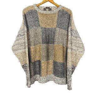 Vintage 90s Patchwork Knit Sweater Silk Blend Neutral Earth Tone Grunge
